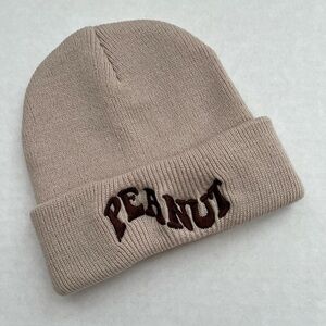 Beige Knit Beanie with Embroidered Text